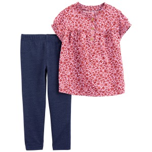 Pink/Navy Baby 2-Piece Floral Shirt & Jegging Set