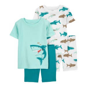 Blue/White Toddler 4-Piece Shark 100% Snug Fit Cotton Pajamas