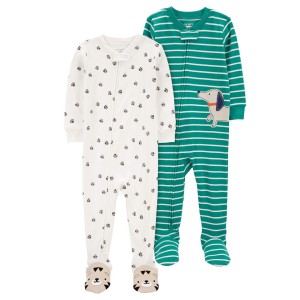 Green/Ivory Toddler 2-Pack 100% Snug Fit Cotton 1-Piece Footie Pajamas