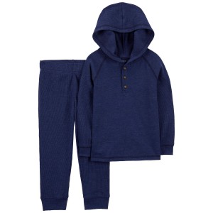 Navy Toddler 2-Piece Thermal Hooded Tee & Jogger Set