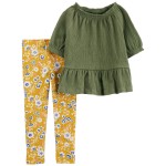 Green/Yellow 2-Piece Peplum Top & Floral Legging Set