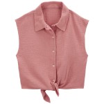 Pink Kid Button-Up Tie-Front Gauze Top