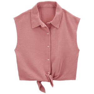 Pink Kid Button-Up Tie-Front Gauze Top
