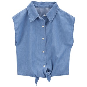 Chambray Kid Button-Up Tie-Front Chambray Top