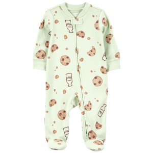 Green Baby Milk & Cookies 2-Way Zip Cotton Sleep & Play Pajamas