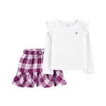 Ivory/Purple Baby 2-Piece Flutter Top & Plaid Flannel Skort Set