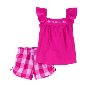 Pink Toddler 2-Piece Flutter Top & Gingham Short Set