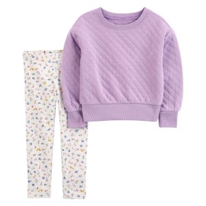 Purple/Ivory Toddler 2-Piece Quilted Pullover & Floral Legging Set