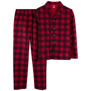Red Kid 2-Piece Buffalo Check Fleece Coat Style Pajamas