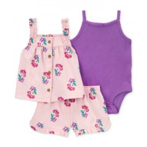 Baby Girls Cotton Bodysuit Floral-Print Top & Shorts 3 Piece Set