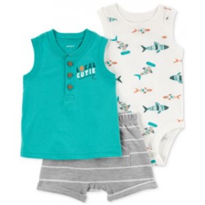 Baby Boys 3-Pc. Fish Little Sleeveless T-Shirt Bodysuit & Stripe Shorts Set
