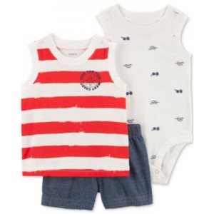 Baby Boys Cotton Ride The Tide Tank Top Printed Bodysuit & Chambray Shorts 3 Piece Set