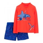 Toddler Boys Scuba Shark Rash Guard Top and Printed Swim Shorts 2 Piece Set