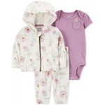 Baby Girls Cotton Floral-Print Little Hooded Jacket Bodysuit & Pants 3 Piece Set