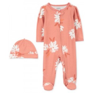 Baby Girls Cotton Floral-Print Footed Sleep & Play Coverall & Cap 2 Piece Set