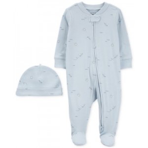 Baby Boys Cotton Airplane-Print Footed Sleep & Play Coverall & Cap 2 Piece Set