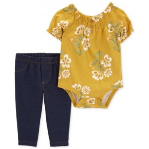 Baby Girls Floral-Print Bodysuit & Knit-Denim Pants 2 Piece Set