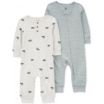 Baby Boys Car-Print Coverall & Striped Sleep & Play Coverall Pack of 2