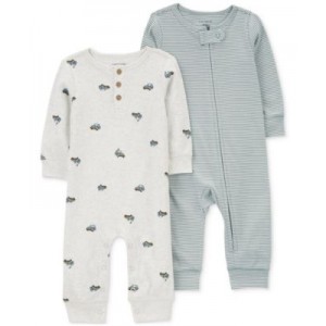 Baby Boys Car-Print Coverall & Striped Sleep & Play Coverall Pack of 2