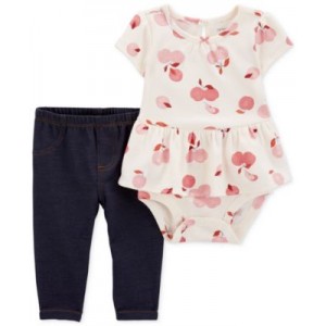 Baby Girls 2-Pc. Apple-Print Peplum Bodysuit & Knit-Denim Pants Set