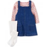 Baby Girls 3-Pc. Floral Top Chambray Jumper & Tights Set