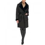 Womens Belted Notched-Collar Faux-Shearling Coat