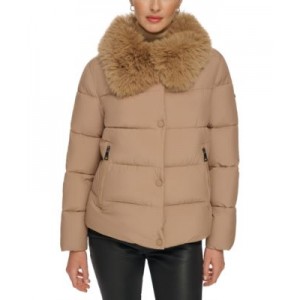 Womens Faux-Fur-Trim Collar Puffer Coat