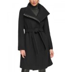 Womens Asymmetrical Belted Funnel-Neck Wool Blend Coat