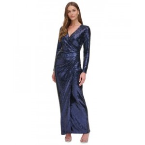 Womens Long-Sleeve Side-Ruched Sequin Gown