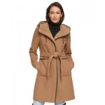 Womens Faux-Fur Hooded Wool Blend Belted Coat