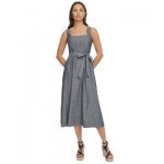 Womens Chambray Square-Neck Sleeveless Midi Dress