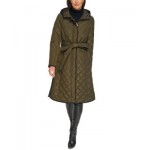 Womens Petite Hooded Belted Quilted Coat