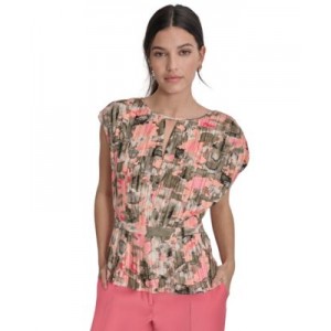 Womens Printed Crewneck Pleated Blouse