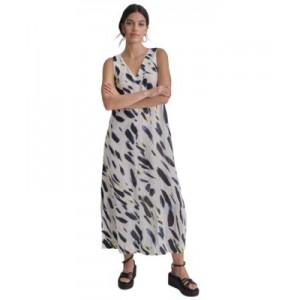Womens Printed Linen V-Neck Sleeveless Maxi Dress