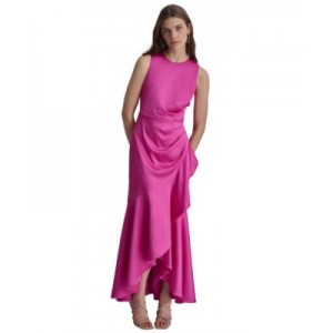 Womens Satin Ruched Ruffled Gown
