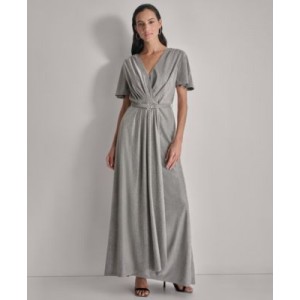 Womens Metallic Pleated Belted Flutter-Sleeve Gown