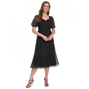 Womens Puff-Sleeve A-Line Dress