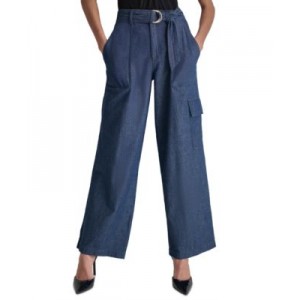 Womens High Rise Belted Wide-Leg Cotton Denim Cargo Pants