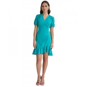 Womens Ruched-Sleeve A-Line Ruffle-Trim Dress