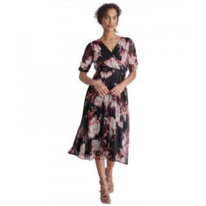 Petite Printed Ruched-Sleeve Tie-Waist Fit & Flare Dress