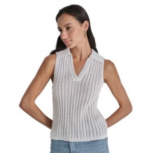 Womens Lacey Stitch Collared Sleeveless Sweater