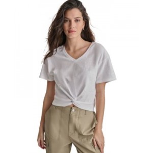 DKNY Womens Cotton Twist-Front V-Neck Short-Sleeve Top