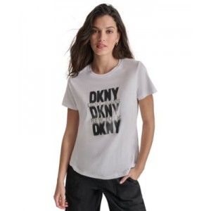 DKNY Womens Glitter Stencil Logo Graphic T-Shirt