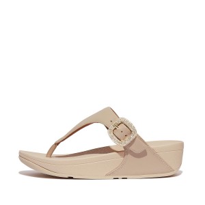 Crystal-Buckle Leather Toe-Post Sandals