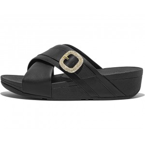 Womens FitFlop Lulu Crystal-Buckle Leather Cross Slides