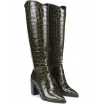 Ticada Pointed Toe Knee High Boots Olive Green Croco Leather
