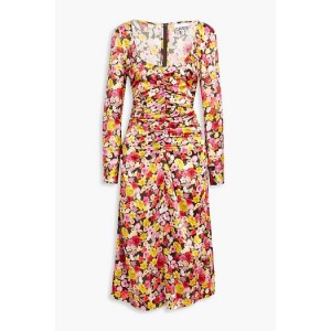 Ruched floral-print silk-blend satin midi dress