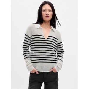 Relaxed Stripe Crochet Collared Sweater