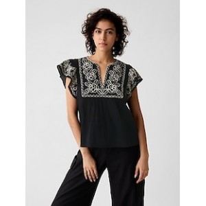 Crinkle Gauze Embroidered Cropped Shirt