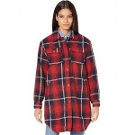 Oversized Wool Blend Shirt Jacket w/ Sherpa Lining Red/Navy Shadow Plaid